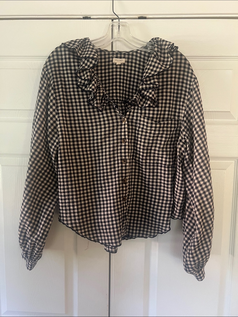Ruffled V-Neck Gingham Button-Up Blouse - navy & cream - Picture 1 of 1